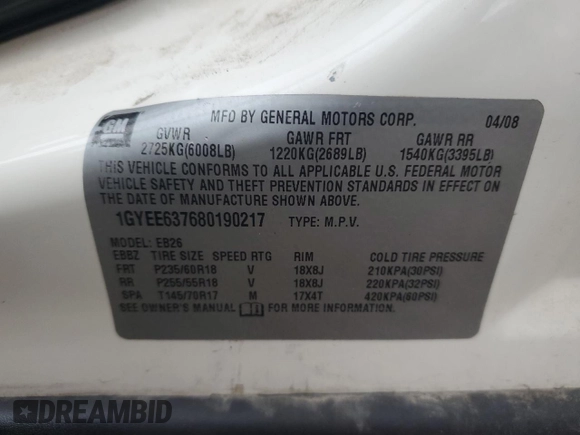 2008 Cadillac SRX RWD z VIN 1GYEE637680190217, wystawiony jako Copart lot #55169515 z przebiegiem 106 101 mil mil oraz Szkoda całkowita • Salvage title. Historia ofert i sprzedaży dostępna na DreamBid. Obrazek 12.