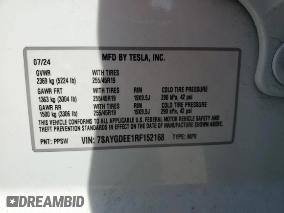 2024 Tesla Model Y Long Range с VIN 7SAYGDEE1RF152168, выставлен на аукционе Copart как лот 52436135 с пробегом 3 546 миль миль и Списание • Salvage title. История ставок и продаж доступна на DreamBid. Изображение 15.