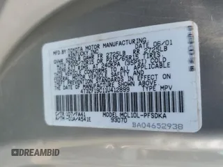 2001 Toyota Sienna CE with VIN 4T3ZF19C11U412899, listed as a Copart auction lot 70303244 with 190,025 mi miles and Salvage Title. Bid and sale history available at carsss.com. Image 13.
