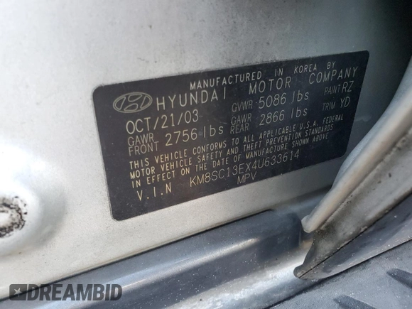 2004 Hyundai Santa Fe GLS with VIN KM8SC13EX4U633614, listed as a Copart auction lot 78379484 with 0 mi miles and Salvage Title. Bid and sale history available at carsss.com. Image 13.