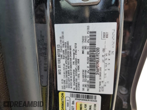 2020 Ford Fusion Titanium with VIN 3FA6P0D90LR192500, listed as a Copart auction lot 53746345 with 135,636 mi miles and Salvage title. Bid and sale history available at DreamBid. Image 12.