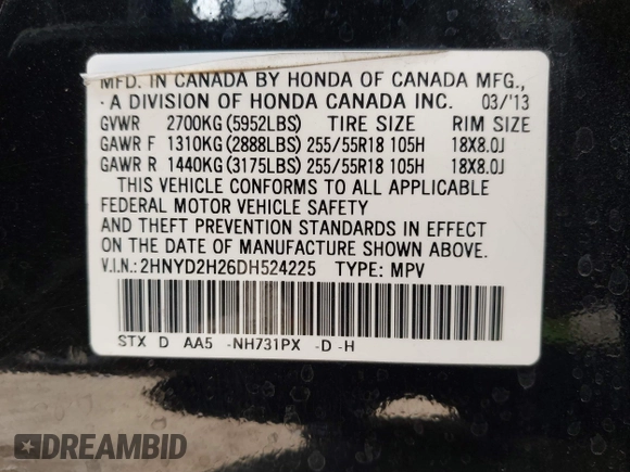 2013 Acura MDX with VIN 2HNYD2H26DH524225, listed as a IAAI auction lot 41966641 with 123,424 mi miles. Bid and sale history available at carsss.com. Image 9.