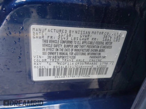 2019 Nissan Sentra S with VIN 3N1AB7AP8KY274206, listed as a IAAI auction lot 41604133 with 104,512 mi miles and . Bid and sale history available at DreamBid. Image 9.