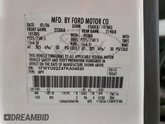 2007 Ford Escape XLS with VIN 1FMYU02Z47KA04520, listed as a Copart auction lot 62607805 with 109,276 mi miles and Clean title. Bid and sale history available at DreamBid. Image 13.