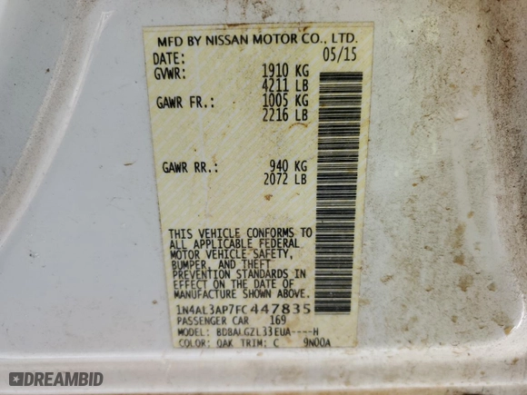 2015 Nissan Altima 2.5 S with VIN 1N4AL3AP7FC447835, listed as a Copart auction lot 87195444 with 137,145 mi miles and Non Repairable. Bid and sale history available at carsss.com. Image 12.