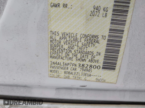 2015 Nissan Altima SL z VIN 1N4AL3AP7FN382800, wystawiony jako IAAI lot #42102763 z przebiegiem Nie podano mil oraz . Historia ofert i sprzedaży dostępna na DreamBid. Obrazek 9.