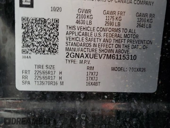 2021 Chevrolet Equinox LT z VIN 2GNAXUEV7M6115310, wystawiony jako Copart lot #55659285 z przebiegiem 108 976 mil mil oraz Czysty tytuł • Clean title. Historia ofert i sprzedaży dostępna na DreamBid. Obrazek 13.