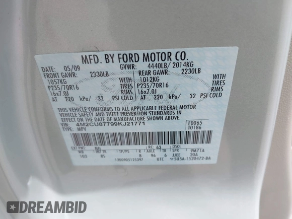 2009 Mercury Mariner Premier с VIN 4M2CU87799KJ21771, выставлен на аукционе IAAI как лот 42256896 с пробегом 107 667 миль миль и . История ставок и продаж доступна на DreamBid. Изображение 9.