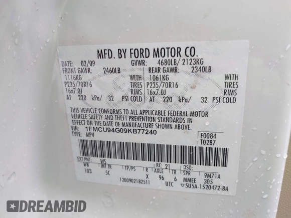 2009 Ford Escape Limited with VIN 1FMCU94G09KB77240, listed as a IAAI auction lot 42321802 with 143,127 mi miles and . Bid and sale history available at DreamBid. Image 9.
