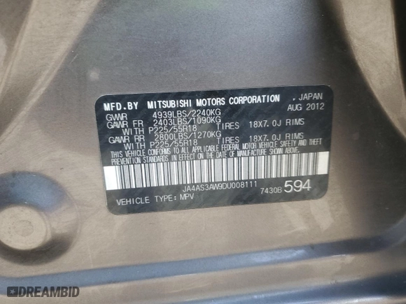 2013 Mitsubishi Outlander SE with VIN JA4AS3AW9DU008111, listed as a Copart auction lot 78165724 with 177,100 mi miles and Salvage Title. Bid and sale history available at carsss.com. Image 14.
