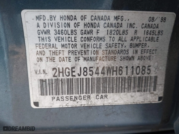 1998 Honda Civic EX with VIN 2HGEJ8544WH611085, listed as a IAAI auction lot 41727644 with 172,342 mi miles. Bid and sale history available at carsss.com. Image 9.