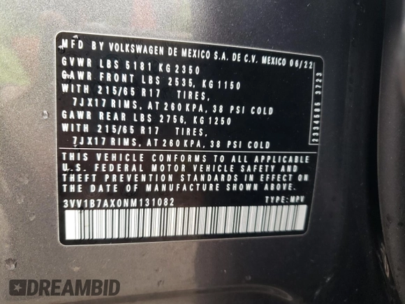 2022 Volkswagen Tiguan S z VIN 3VV1B7AX0NM131082, wystawiony jako Copart lot #47800415 z przebiegiem 59 966 mil mil oraz Szkoda całkowita • Salvage title. Historia ofert i sprzedaży dostępna na DreamBid. Obrazek 13.