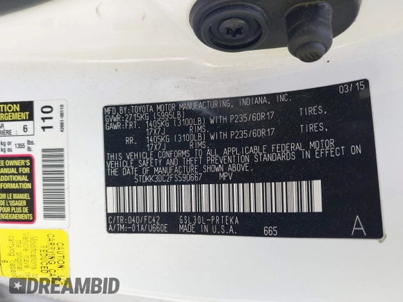 2015 Toyota Sienna LE AAS with VIN 5TDKK3DC2FS590667, listed as a IAAI auction lot 41997673 with 169,828 mi miles. Bid and sale history available at carsss.com. Image 9.