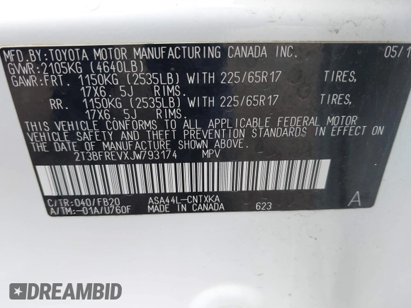 2018 Toyota RAV4 LE with VIN 2T3BFREVXJW793174, listed as a IAAI auction lot 42037936 with 82,304 mi miles. Bid and sale history available at carsss.com. Image 9.
