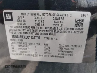 2012 Chevrolet Equinox LT w/1LT with VIN 2GNALDEK8C1137796, listed as a IAAI auction lot 42052403 with 180,200 mi miles. Bid and sale history available at carsss.com. Image 9.
