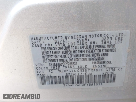 2015 Nissan Sentra S with VIN 3N1AB7AP0FY285531, listed as a IAAI auction lot 42099970 with 162,569 mi miles. Bid and sale history available at carsss.com. Image 9.