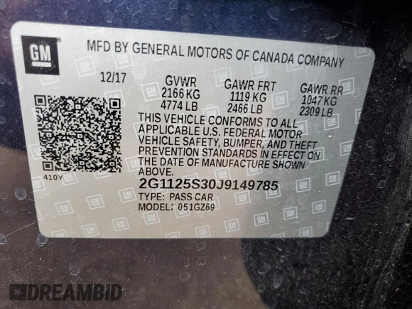 2018 Chevrolet Impala Premier with VIN 2G1125S30J9149785, listed as a Copart auction lot 53865465 with 82,582 mi miles and Salvage Title. Bid and sale history available at DreamBid. Image 12.