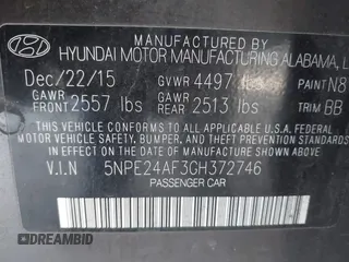 2016 Hyundai Sonata SE z VIN 5NPE24AF3GH372746, wystawiony jako IAAI lot #42343113 z przebiegiem 146 919 mil mil oraz . Historia ofert i sprzedaży dostępna na DreamBid. Obrazek 9.