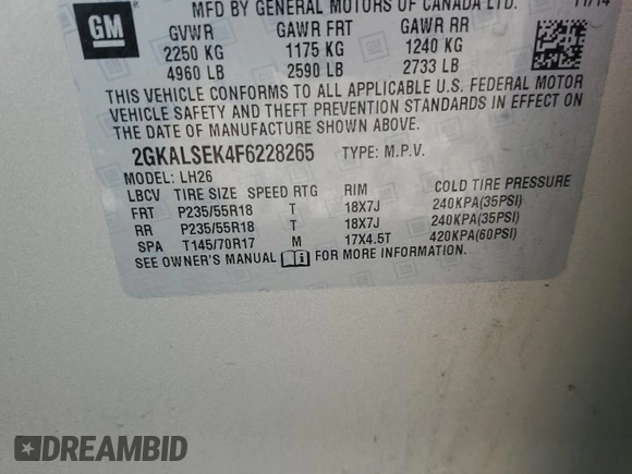 2015 GMC Terrain SLT with VIN 2GKALSEK4F6228265, listed as a Copart auction lot 52541575 with 127,475 mi miles and Salvage title. Bid and sale history available at DreamBid. Image 14.