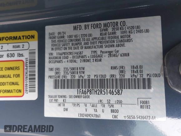2024 Ford Mustang EcoBoost with VIN 1FA6P8TH2R5146587, listed as a IAAI auction lot 41370567 with 1,712 mi miles. Bid and sale history available at carsss.com. Image 9.