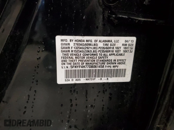 2013 Honda Pilot EX-L with VIN 5FNYF4H77DB061458, listed as a Copart auction lot 52008765 with 106,505 mi miles and Salvage title. Bid and sale history available at DreamBid. Image 15.