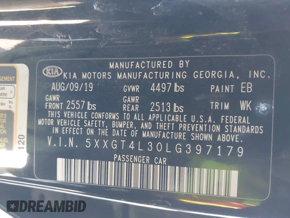 2020 Kia Optima LX z VIN 5XXGT4L30LG397179, wystawiony jako IAAI lot #41687616 z przebiegiem 69 253 mil mil oraz . Historia ofert i sprzedaży dostępna na DreamBid. Obrazek 9.