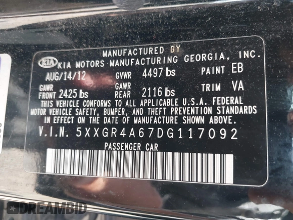 2013 Kia Optima SX with VIN 5XXGR4A67DG117092, listed as a IAAI auction lot 42270612 with Not provided miles and . Bid and sale history available at DreamBid. Image 9.