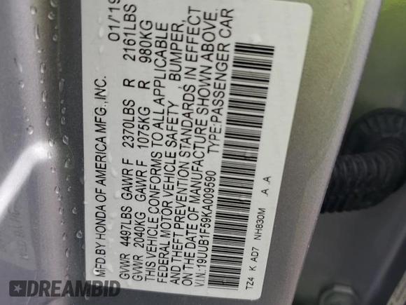 2019 Acura TLX w/Technology Pkg with VIN 19UUB1F59KA009590, listed as a Copart auction lot 88633715 with 73,711 mi miles and Non Repairable. Bid and sale history available at carsss.com. Image 12.