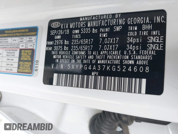 2019 Kia Sorento LX with VIN 5XYPG4A37KG524608, listed as a IAAI auction lot 41824210 with 103,228 mi miles. Bid and sale history available at carsss.com. Image 9.
