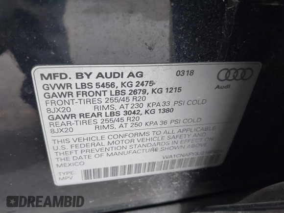 2018 Audi Q5 Prestige with VIN WA1CNAFY3J2160424, listed as a IAAI auction lot 41399936 with 97,775 mi miles. Bid and sale history available at carsss.com. Image 9.