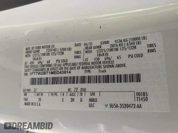 2021 Ford F-250 XL with VIN 1FT7W2BT1MED43814, listed as a IAAI auction lot 42207019 with 92,921 mi miles and . Bid and sale history available at DreamBid. Image 9.