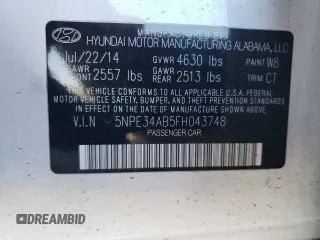 2015 Hyundai Sonata Sport with VIN 5NPE34AB5FH043748, listed as a Copart auction lot 42813165 with 91,769 mi miles and Salvage Title. Bid and sale history available at carsss.com. Image 14.