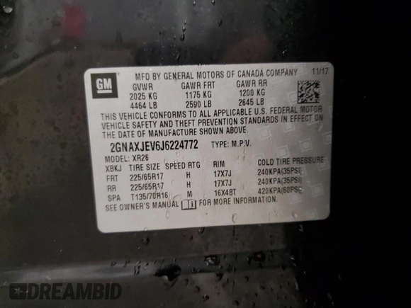 2018 Chevrolet Equinox LT with VIN 2GNAXJEV6J6224772, listed as a Copart auction lot 42008585 with 196,162 mi miles and Non Repairable. Bid and sale history available at carsss.com. Image 13.
