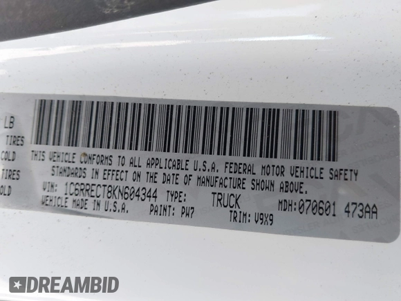 2019 Ram 1500 Tradesman z VIN 1C6RRECT8KN604344, wystawiony jako IAAI lot #41889504 z przebiegiem 123 773 mil mil oraz . Historia ofert i sprzedaży dostępna na DreamBid. Obrazek 9.