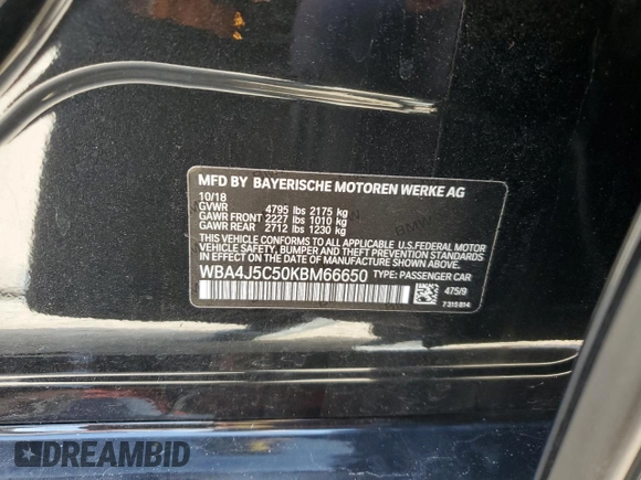 2019 BMW 4 Series 440i z VIN WBA4J5C50KBM66650, wystawiony jako Copart lot #71647494 z przebiegiem 65 537 mil mil oraz Szkoda całkowita • Salvage title. Historia ofert i sprzedaży dostępna na DreamBid. Obrazek 12.