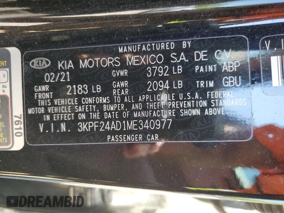 2021 Kia Forte LXS with VIN 3KPF24AD1ME340977, listed as a Copart auction lot 53044505 with 73,829 mi miles and Salvage title. Bid and sale history available at DreamBid. Image 12.