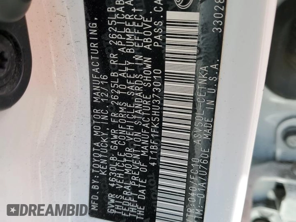 2017 Toyota Camry XLE with VIN 4T1BF1FK5HU373010, listed as a Copart auction lot 51239695 with 73,823 mi miles and Salvage Title. Bid and sale history available at DreamBid. Image 12.