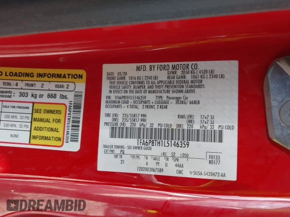 2020 Ford Mustang EcoBoost with VIN 1FA6P8TH1L5146359, listed as a IAAI auction lot 42136103 with Not provided miles and . Bid and sale history available at DreamBid. Image 9.