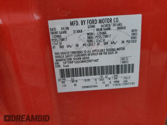 2008 Ford F-150 XL with VIN 1FTRF12238KD97147, listed as a Copart auction lot 59504815 with 71,368 mi miles and Salvage title. Bid and sale history available at DreamBid. Image 12.
