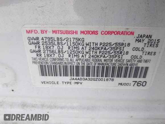 2016 Mitsubishi Outlander SE with VIN JA4AD3A32GZ001878, listed as a IAAI auction lot 41286349 with 153,225 mi miles and . Bid and sale history available at DreamBid. Image 9.