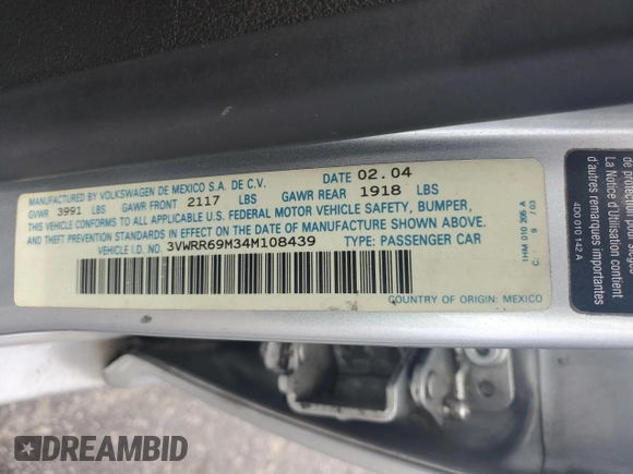 2004 Volkswagen Jetta GL with VIN 3VWRR69M34M108439, listed as a Copart auction lot 74029704 with 296,984 mi miles and Salvage title. Bid and sale history available at DreamBid. Image 12.