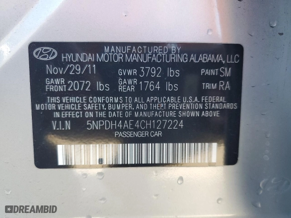 2012 Hyundai Elantra GLS PZEV with VIN 5NPDH4AE4CH127224, listed as a Copart auction lot 42142505 with 149,799 mi miles and Salvage Title. Bid and sale history available at carsss.com. Image 12.