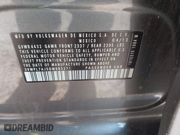 2013 Volkswagen Jetta TDI w/Sunroof & Nav с VIN 3VWPL7AJ5DM683271, выставлен на аукционе IAAI как лот 42402242 с пробегом 160 313 миль миль и . История ставок и продаж доступна на DreamBid. Изображение 9.