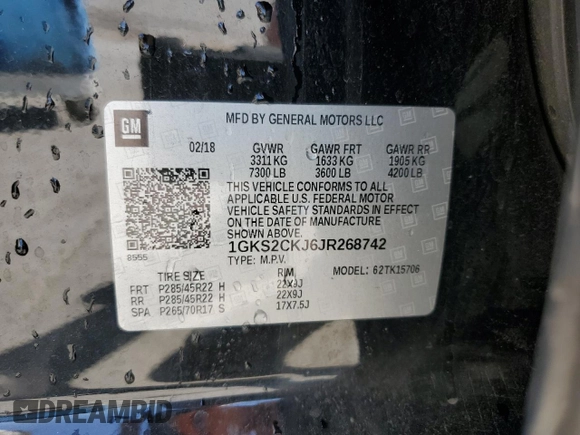 2018 GMC Yukon Denali with VIN 1GKS2CKJ6JR268742, listed as a Copart auction lot 48764105 with 162,256 mi miles and Salvage Title. Bid and sale history available at carsss.com. Image 14.