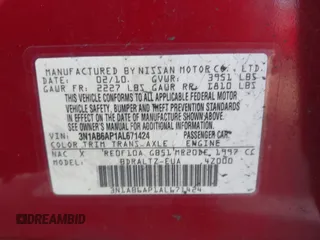 2010 Nissan Sentra S with VIN 3N1AB6AP1AL671424, listed as a IAAI auction lot 38336673 with Not provided miles and . Bid and sale history available at DreamBid. Image 9.