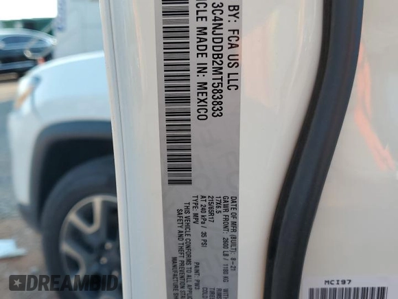 2021 Jeep Compass Trailhawk with VIN 3C4NJDDB2MT583833, listed as a Copart auction lot 58736675 with 67,090 mi miles and Salvage title. Bid and sale history available at DreamBid. Image 13.