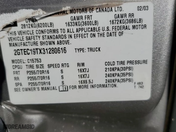 2003 GMC Sierra 1500 SLT with VIN 2GTEC19TX31280616, listed as a Copart auction lot 73407694 with 181,333 mi miles and Salvage Title. Bid and sale history available at carsss.com. Image 12.