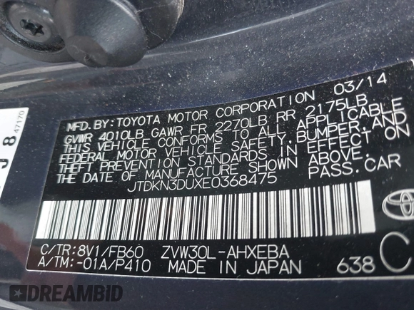 2014 Toyota Prius Four with VIN JTDKN3DUXE0368475, listed as a IAAI auction lot 42393101 with 186,108 mi miles and . Bid and sale history available at DreamBid. Image 9.