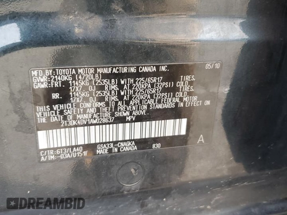 2010 Toyota RAV4 Limited with VIN 2T3DK4DV1AW028637, listed as a Copart auction lot 57442965 with 291,472 mi miles and Salvage title. Bid and sale history available at DreamBid. Image 13.