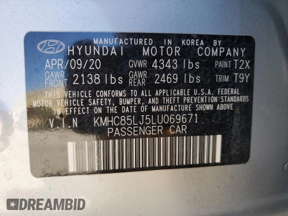 2020 Hyundai Ioniq Limited z VIN KMHC85LJ5LU069671, wystawiony jako Copart lot #53666215 z przebiegiem 25 383 mil mil oraz Szkoda całkowita • Salvage title. Historia ofert i sprzedaży dostępna na DreamBid. Obrazek 13.